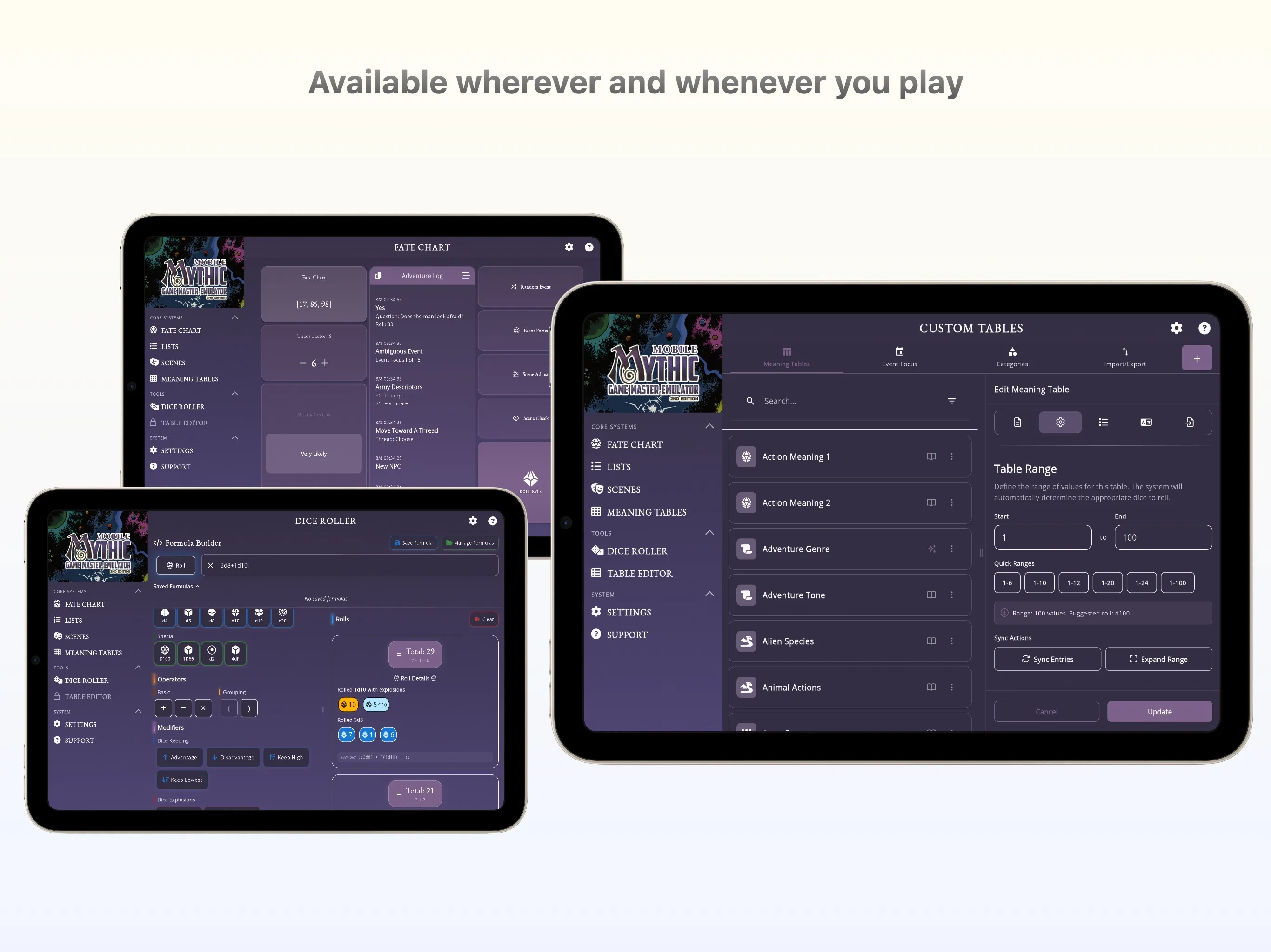 Mythic GME Digital — desktop layout showing panels and log