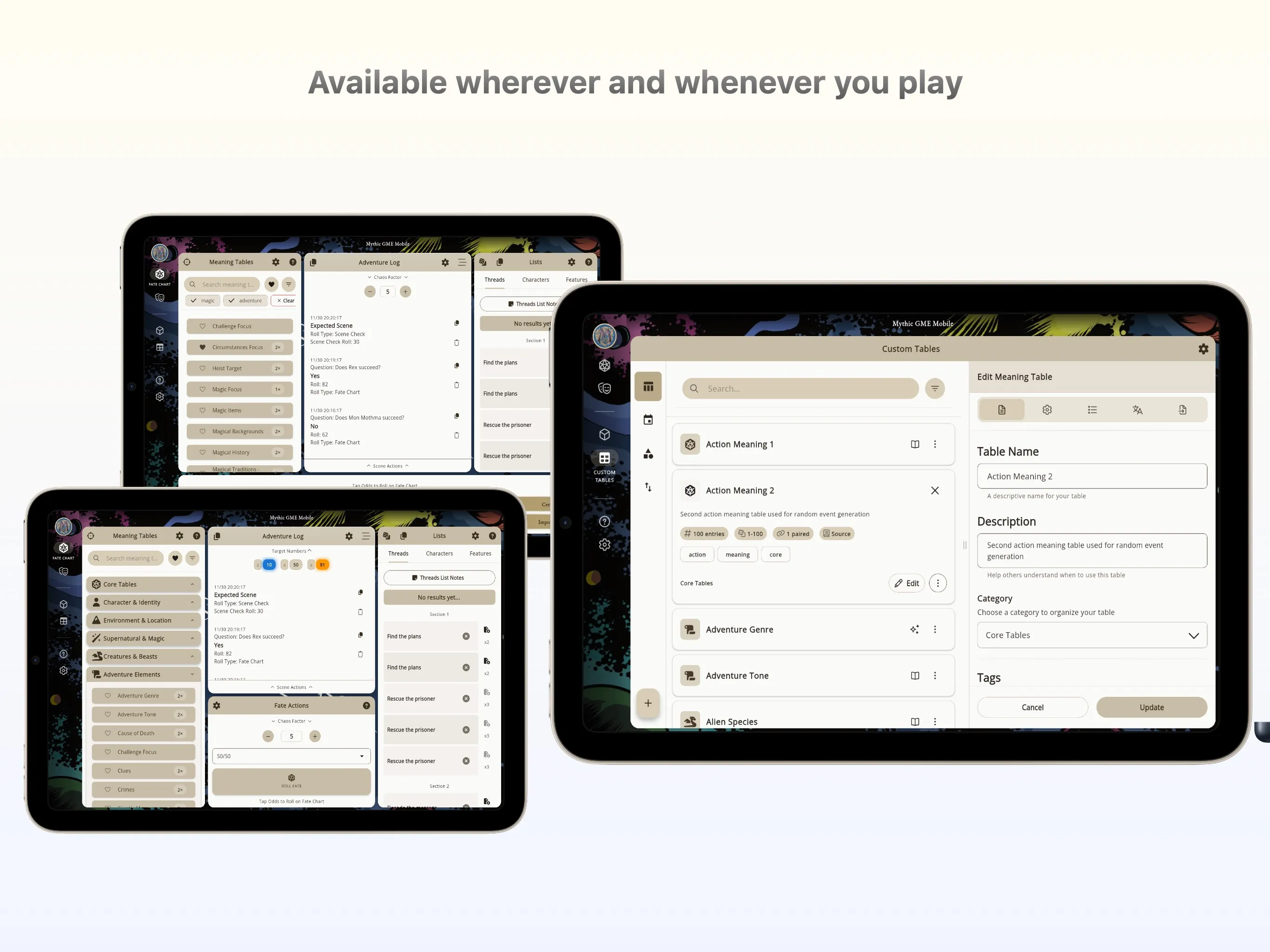 Mythic GME Digital — desktop layout showing panels and the Adventure Log