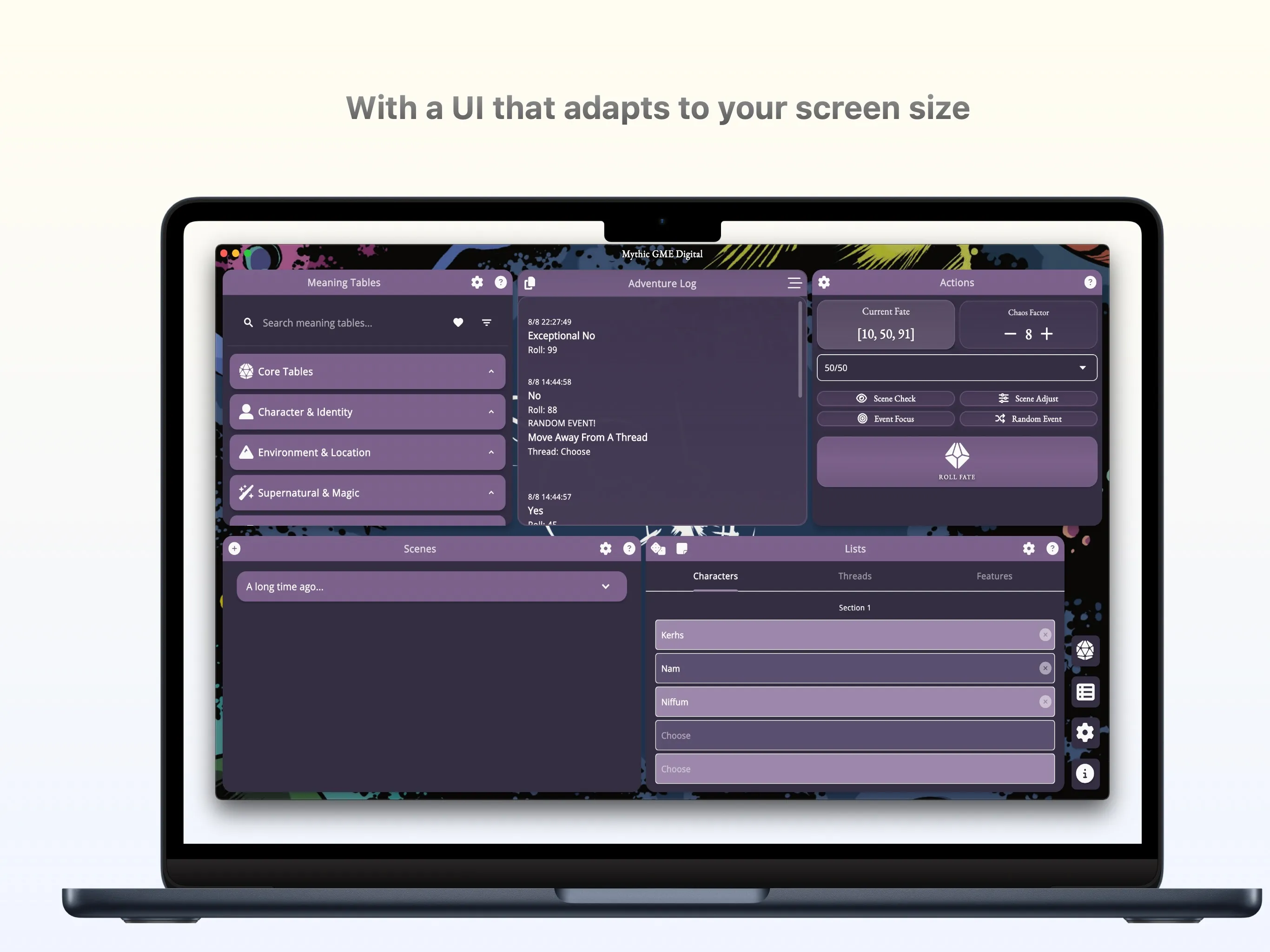 Mythic GME Digital — desktop layout showing panels and log