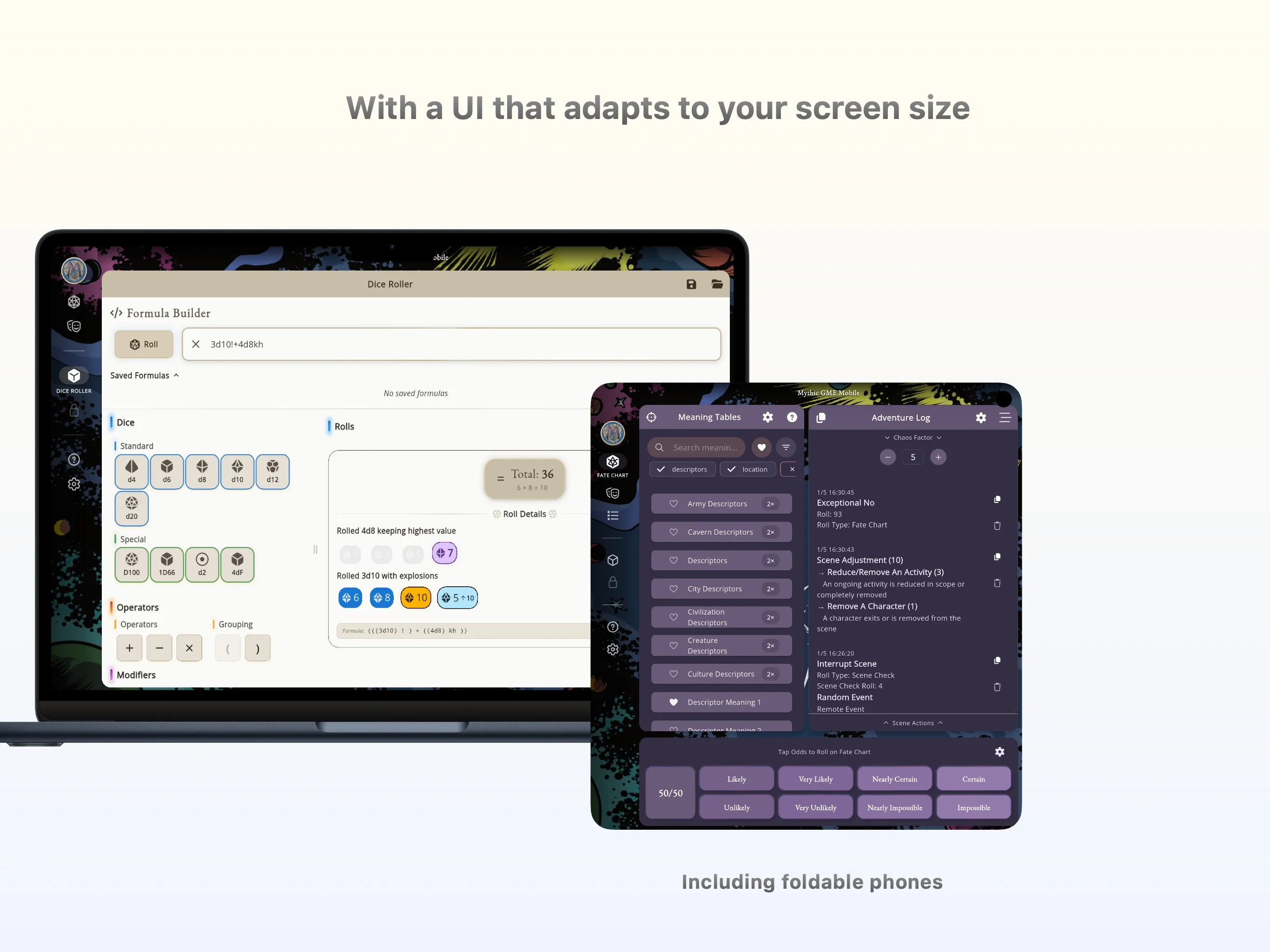 Mythic GME Digital — desktop layout showing panels and the Adventure Log