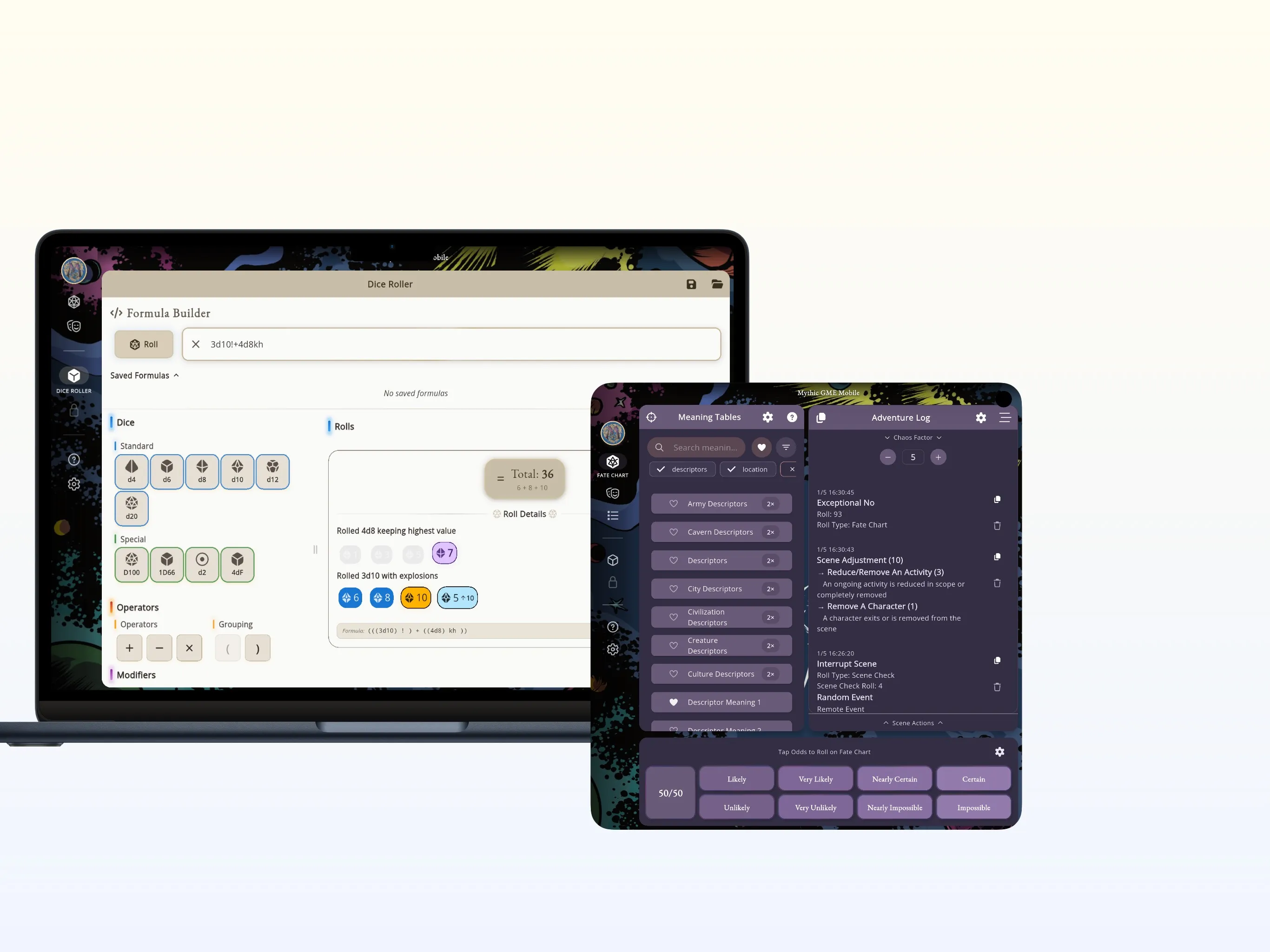 Mythic GME Digital — layout desktop mostrando painéis e o Diário de Aventura