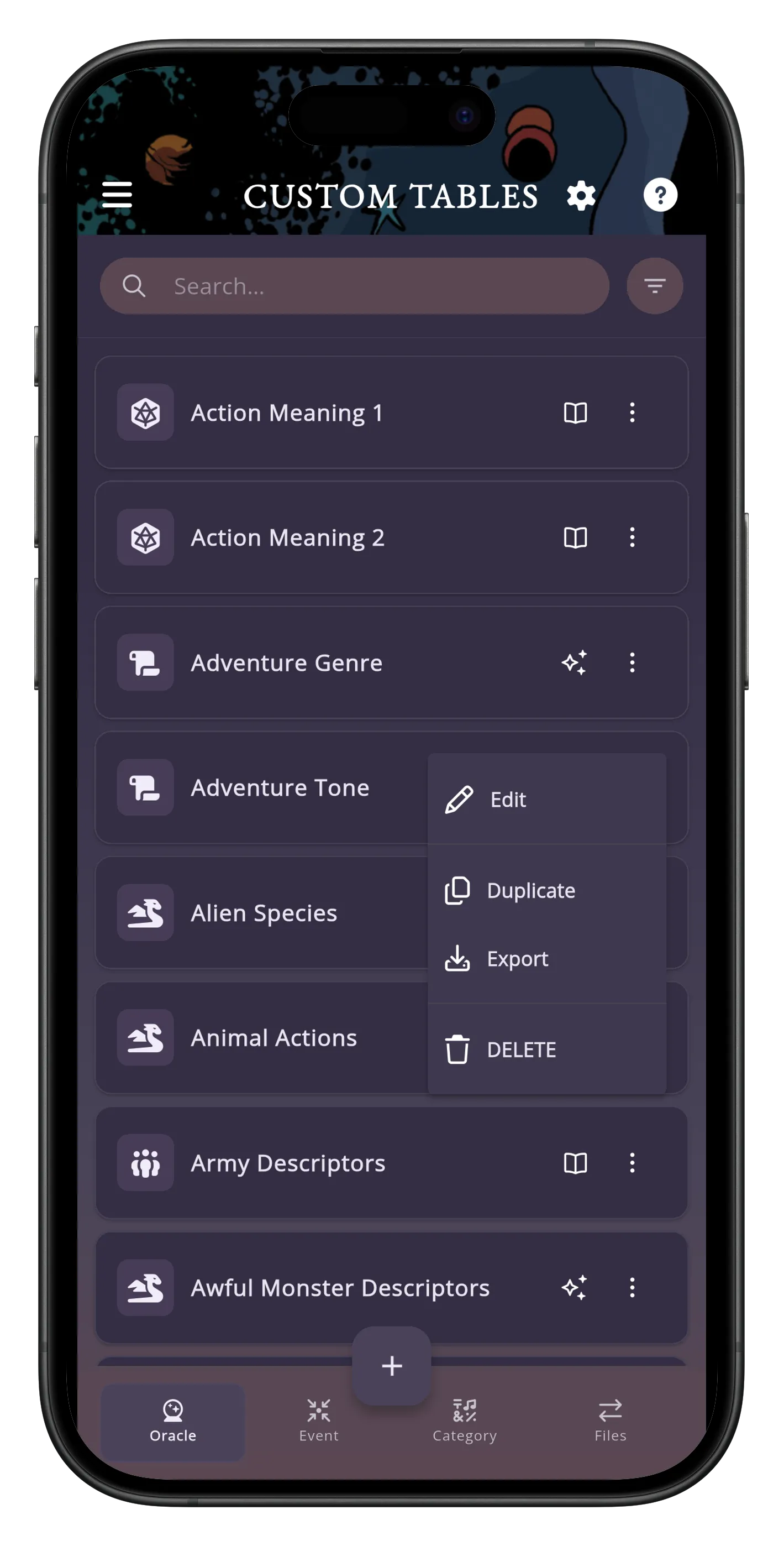 Custom Tables — Mythic GME app
