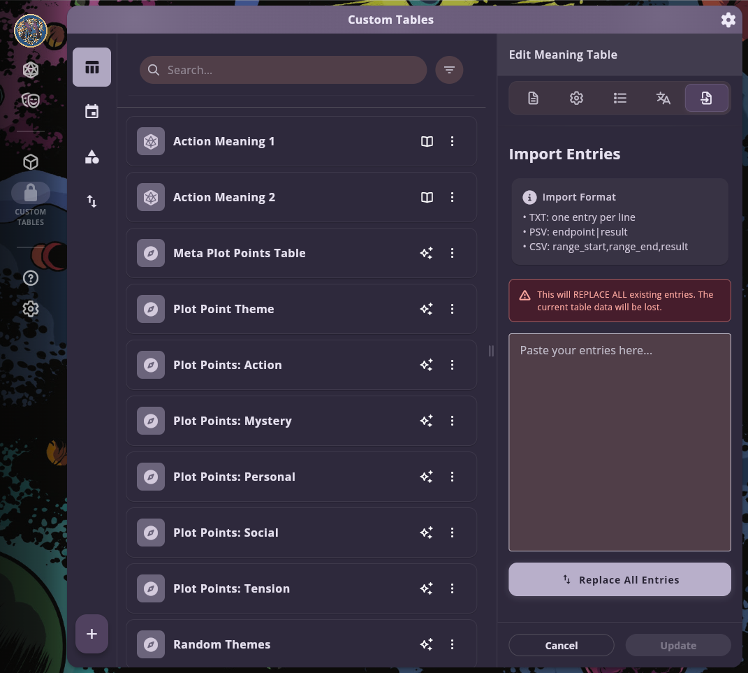 Existing table editor Import tab with the Replace All Entries paste box